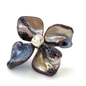 Grey Purple Shell Ring with Genuine Pearl Bead Asymmetric Flower Adjustable Ring